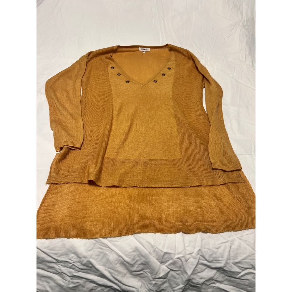Miracle USA Mustard Yellow Grommet V-Neck High-Low Knit Tunic Sweater ML